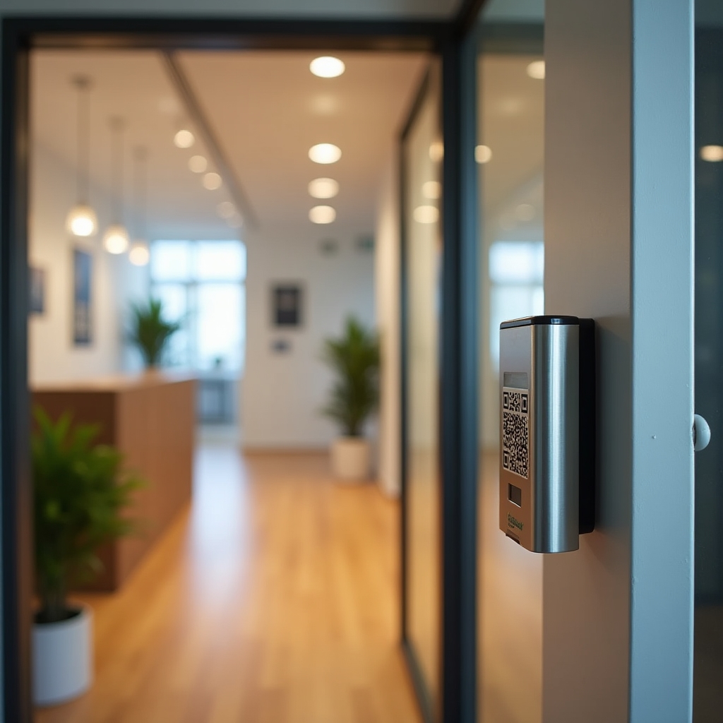 Modern co-working office entry point with QR reader mounted beside glass door, warm overhead lighting, member approaching with smartphone displaying QR code