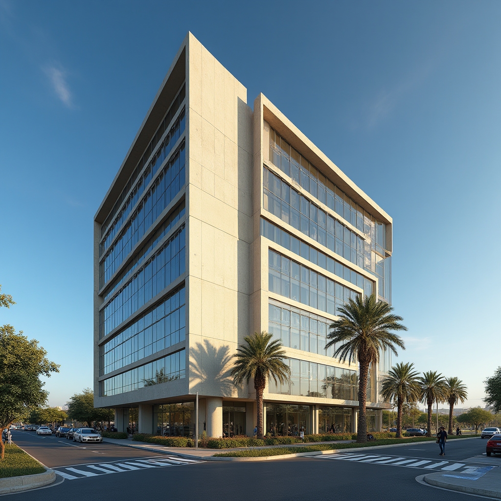 Modern office building exterior in Be'er Sheva Israel, clean architectural lines, palm trees in foreground, bright Mediterranean afternoon light
