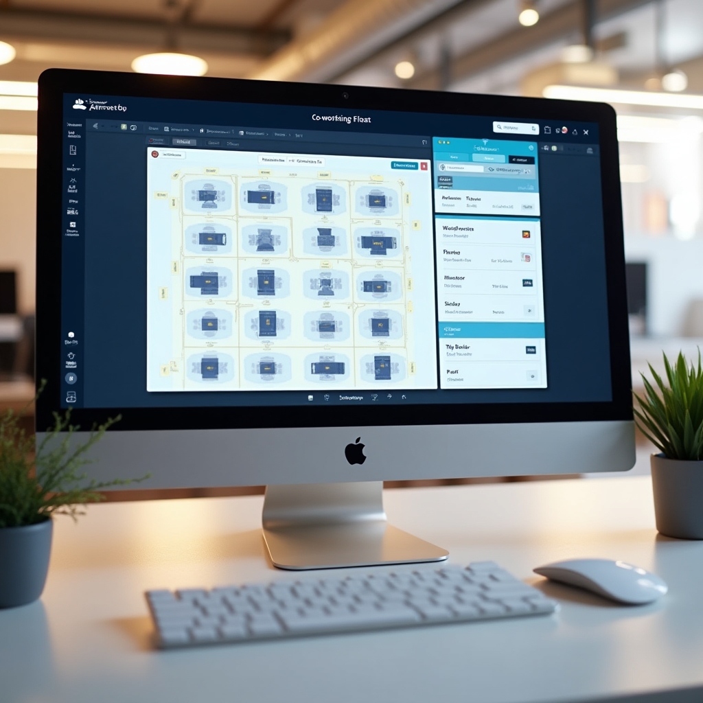 Desktop screen showing ClearSource AI booking interface with interactive floor plan, available desks highlighted, and booking confirmation panel on the right side