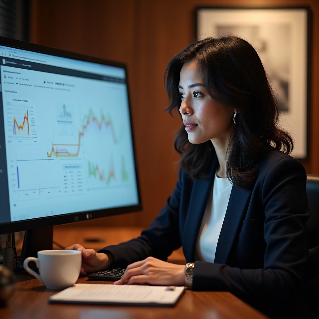 Female co-working space operator in her mid-thirties reviewing occupancy data on a large monitor, seated at a wooden desk with coffee, natural light from window to her left